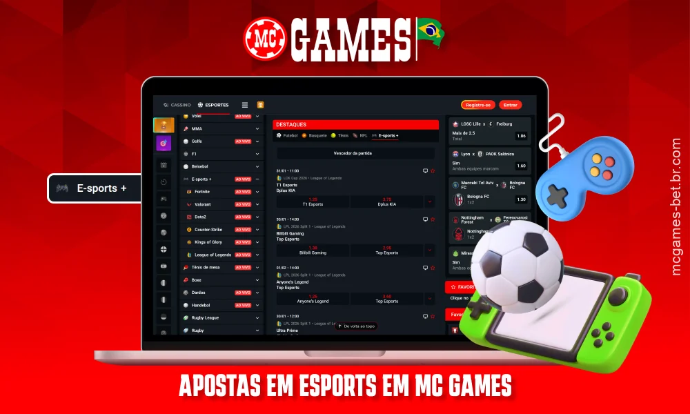 A MC Games oferece apostas em eSports com jogos como Dota 2, CS2, LoL e Valorant