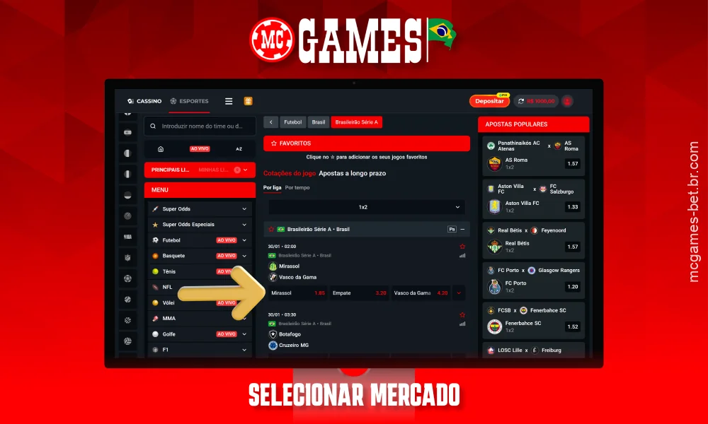 Para apostar no MC Games no Brasil, é necessário selecionar o mercado, por exemplo, o resultado da partida ou o handicap